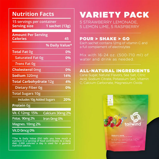 Tailwind Rapid Hydration 15 Serving Variety Pack (Strawberry Lemonade, Lemon Lime, Raspberry)