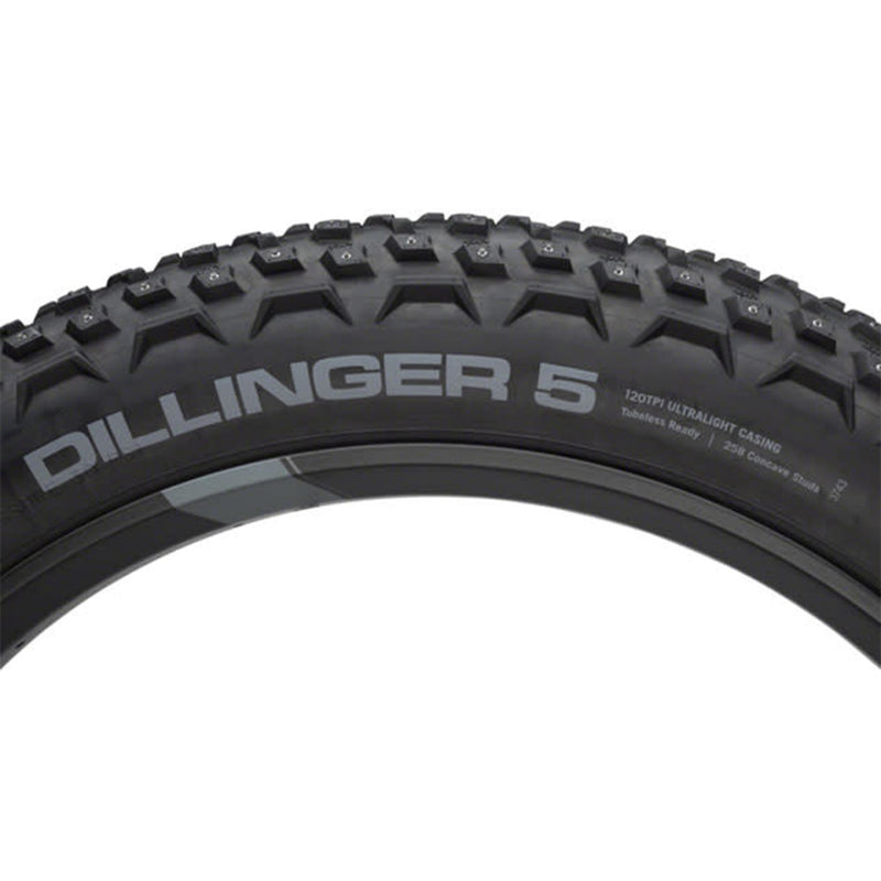 Load image into Gallery viewer, 45NRTH Dillinger 5 Tire - 27.5 x 4.5, Tubeless, Folding, Black, 120 TPI, 252 Concave Carbide Aluminum Studs
