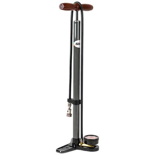 Silca Pista Plus Floor Pump - Steel Body, Ash Wood Handle, 220psi, Classic Press-On Chuck, Black